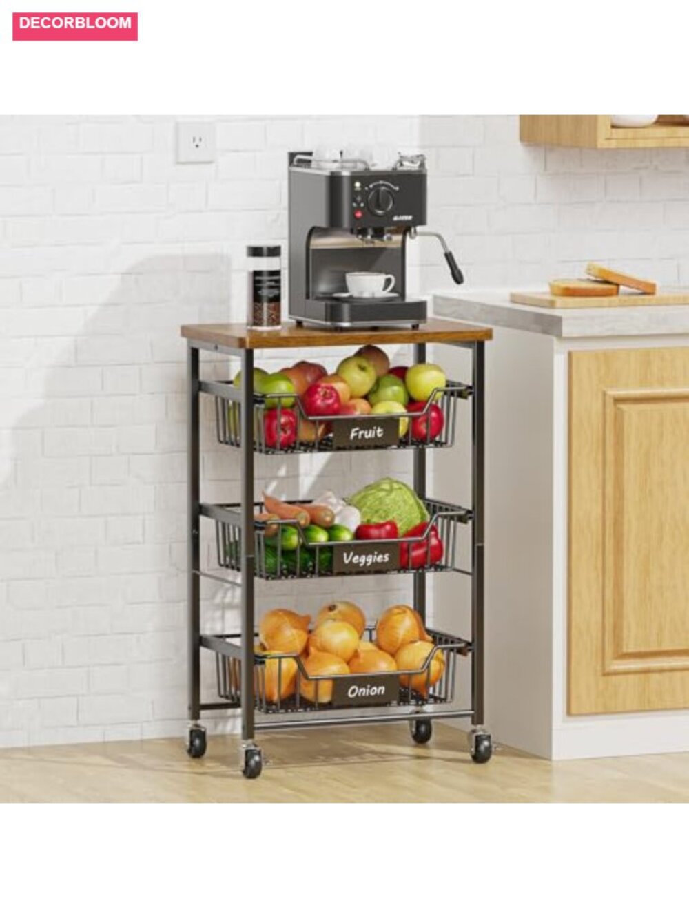 4 Tier Rolling Kitchen Cart with Pull-Out Baskets Wood Top Storage Pantry